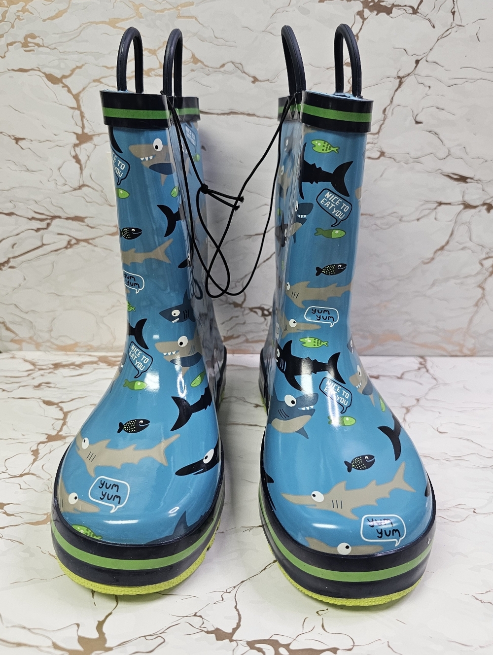 Kids Blue Shark Pattern Rain Boots with Easy Pull Handles